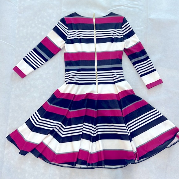 Eliza J Blue and White Fit and Flare Dress with Cuffed Sleeves - Picture 6 of 6